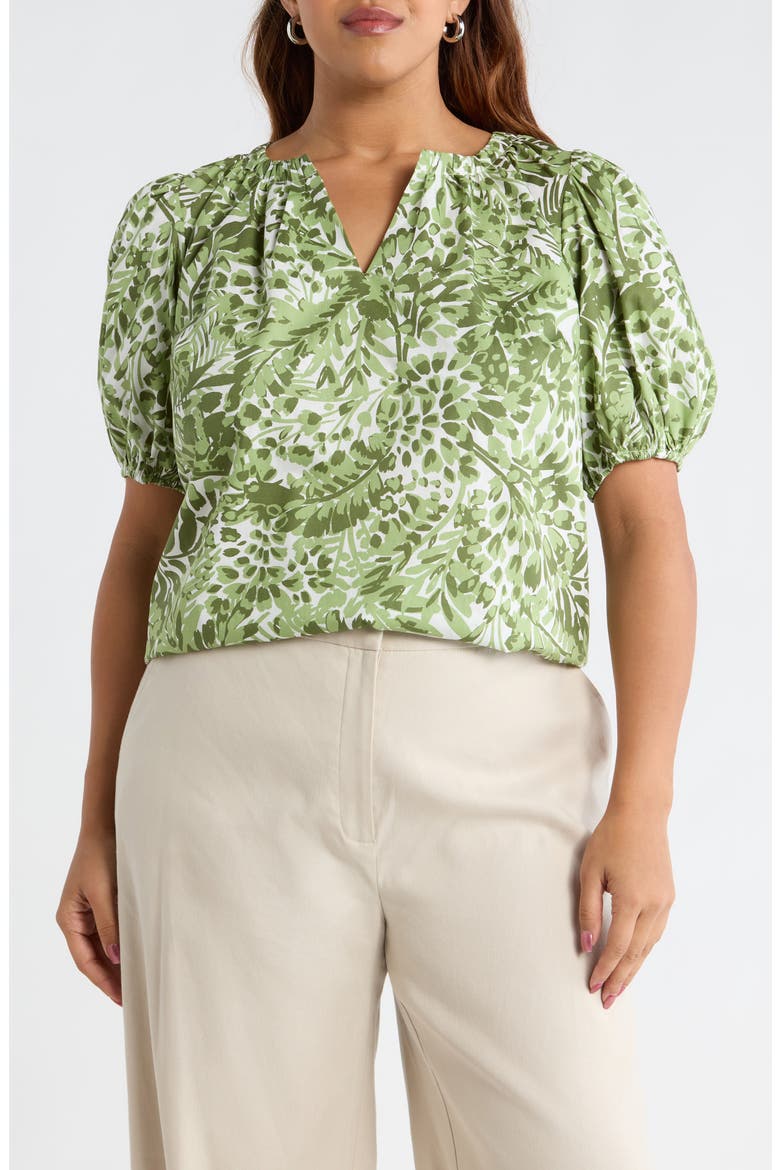 Irenan Leaf Gily Puff Sleeve Cotton Top, Main, color, WHITE-OLIVES