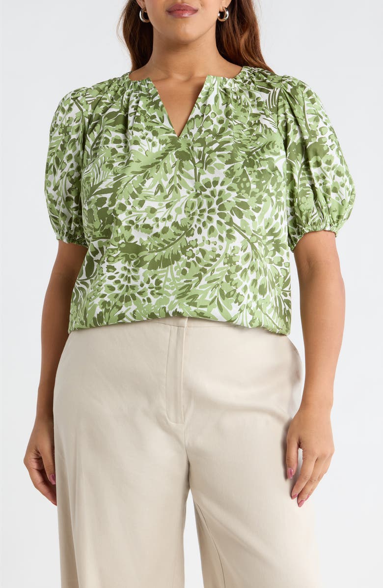 SUGARLIPS Irenan Leaf Gily Puff Sleeve Cotton Top, Main, color, White-Olives