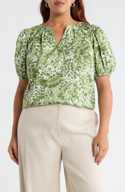 Irenan Leaf Gily Puff Sleeve Cotton Top (Plus)
