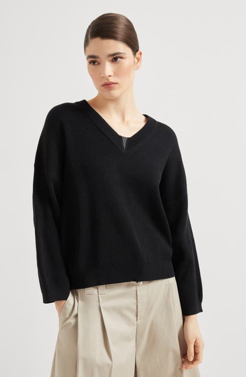 BRUNELLO CUCINELLI ハイネックホタンコト MD5329728P C005 Brunello Cucinelli - Charcoal Brown Raffia Net Embellished V