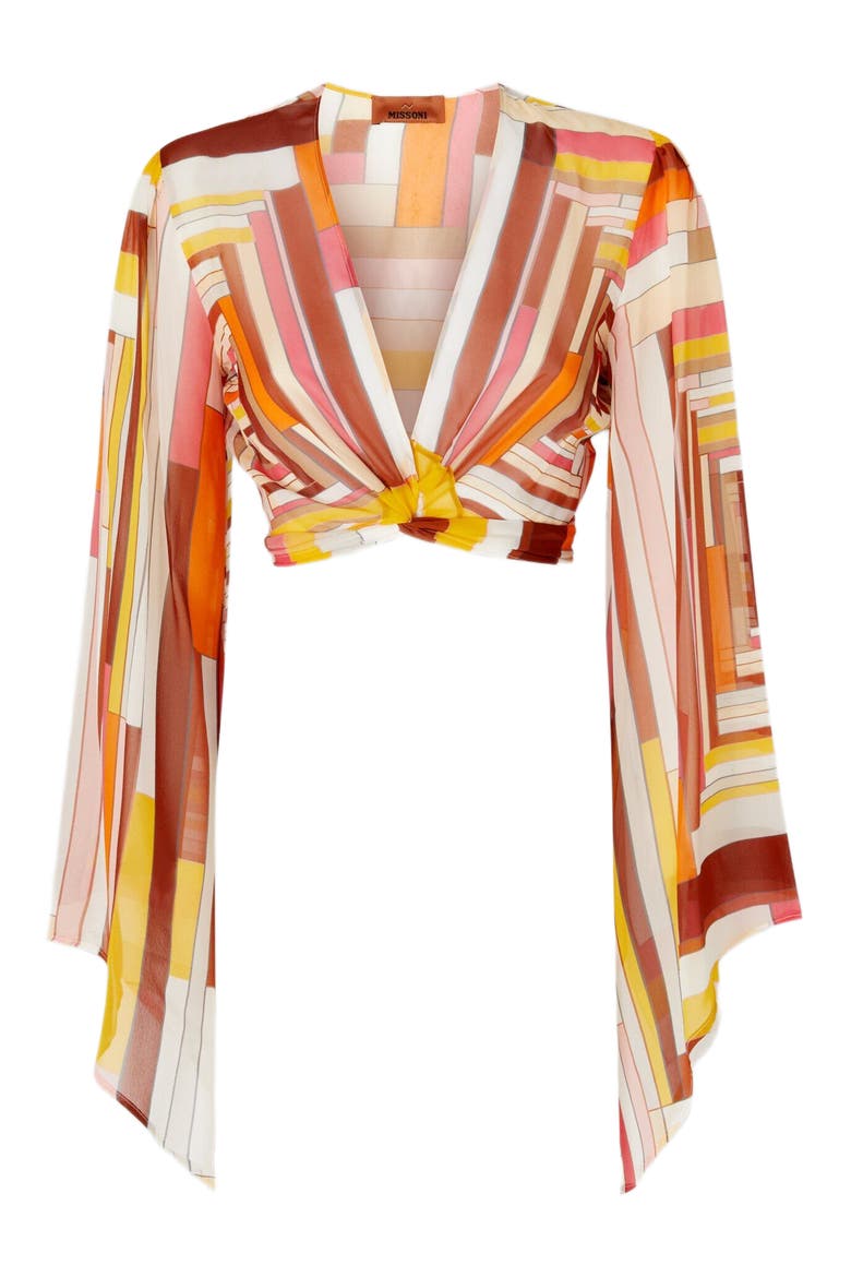 Printed Silk Crop Top With Wide Sleeves And Front Knot, Alternate, color, Multicoloured