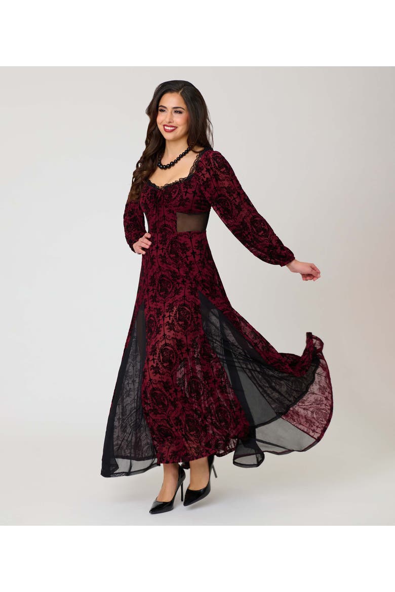 Sheer Spiderweb Godet Maxi Dress, Alternate, color, Red Swirling Floral Print