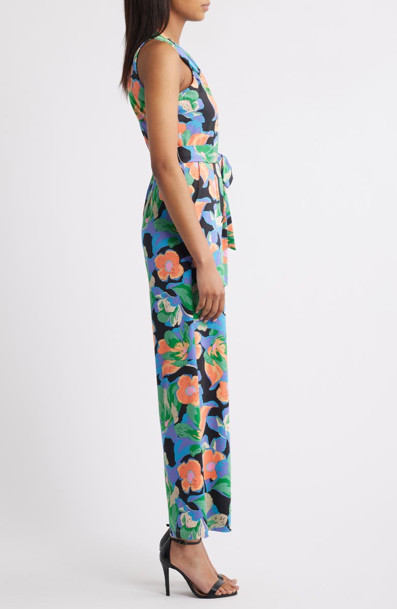 Tahari ASL Print Twist Neck Tie Waist Wide Leg Jumpsuit, Alternate, color, Black/ Green/ Orange Multi
