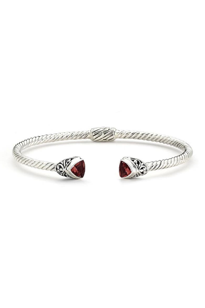Trillion Cut Garnet End Twisted Cable Hinge Bangle Bracelet, Main, color, RED