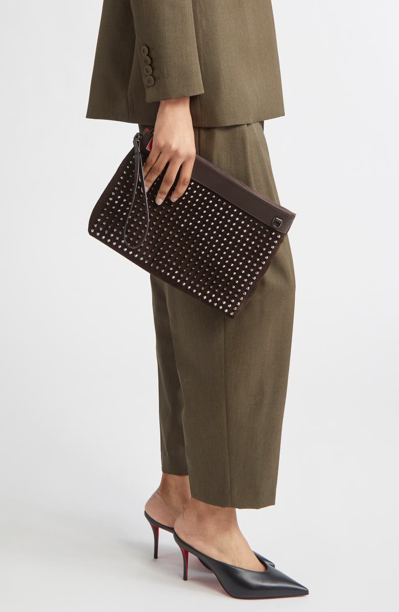 Christian Louboutin Funky Crosta Spikes Suede Wristlet Pouch, Alternate, color, Cafe/ Gun Metal