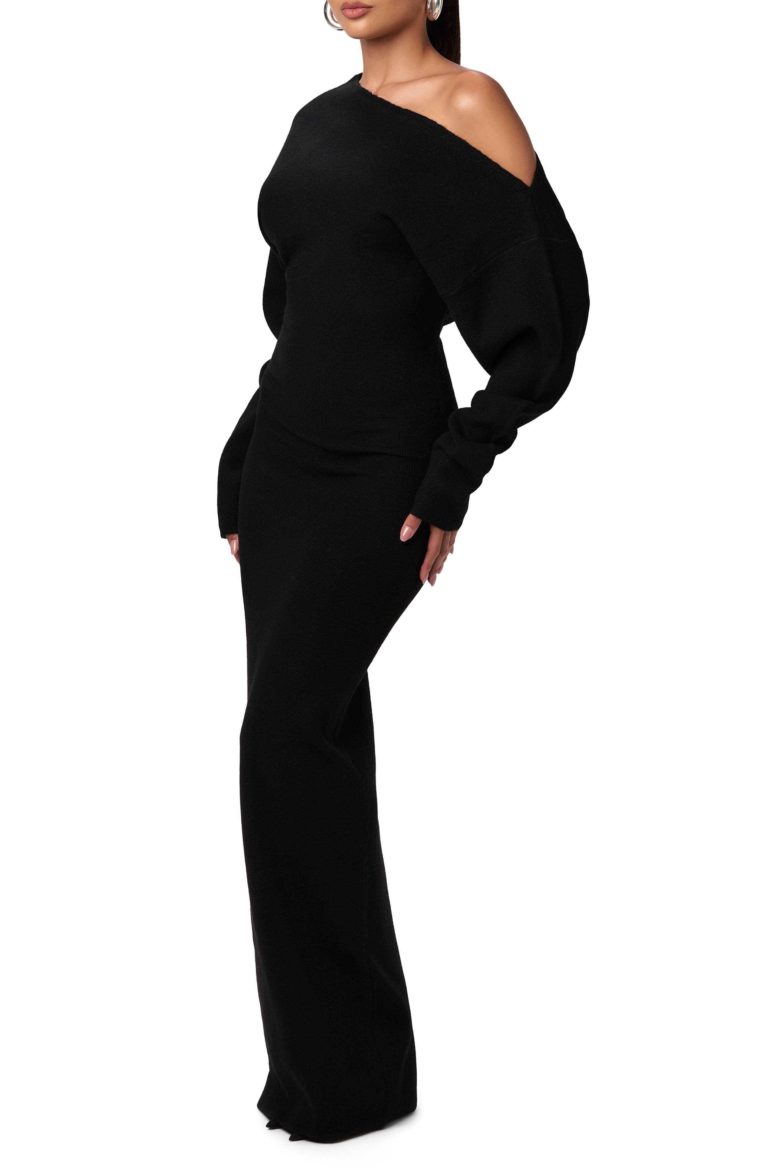 one shoulder sweater dress VENUS | Jet Black Description Materials This super femme One-Shoulder Long Sleeve Mini Sweater