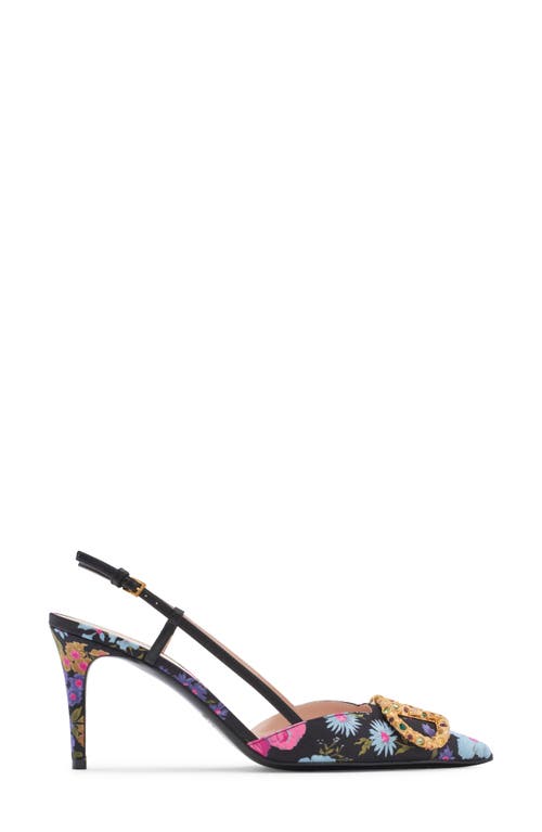 Valentino Floral Print Stiletto Heels With Gold Embellishment In Nero Multi