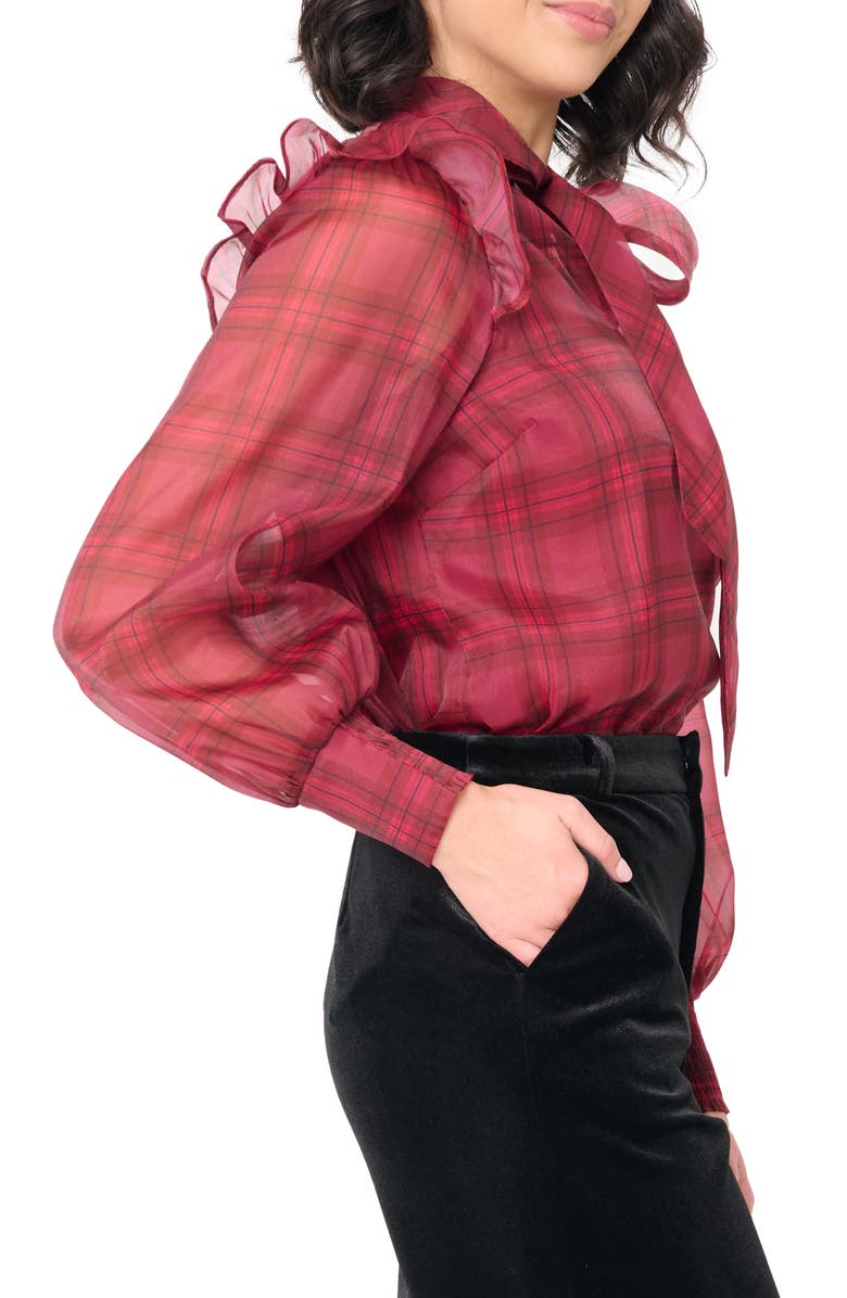 GIBSONLOOK Festive Plaid Ruffle Organza Shirt, Alternate, color, 