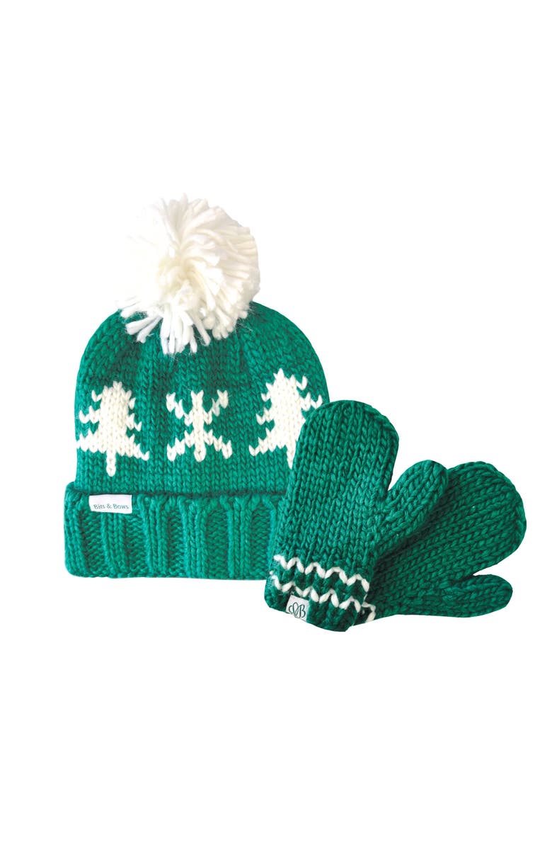 Bits & Bows Evergreen Knit Hat/Mittens Bundle, Main, color, Green