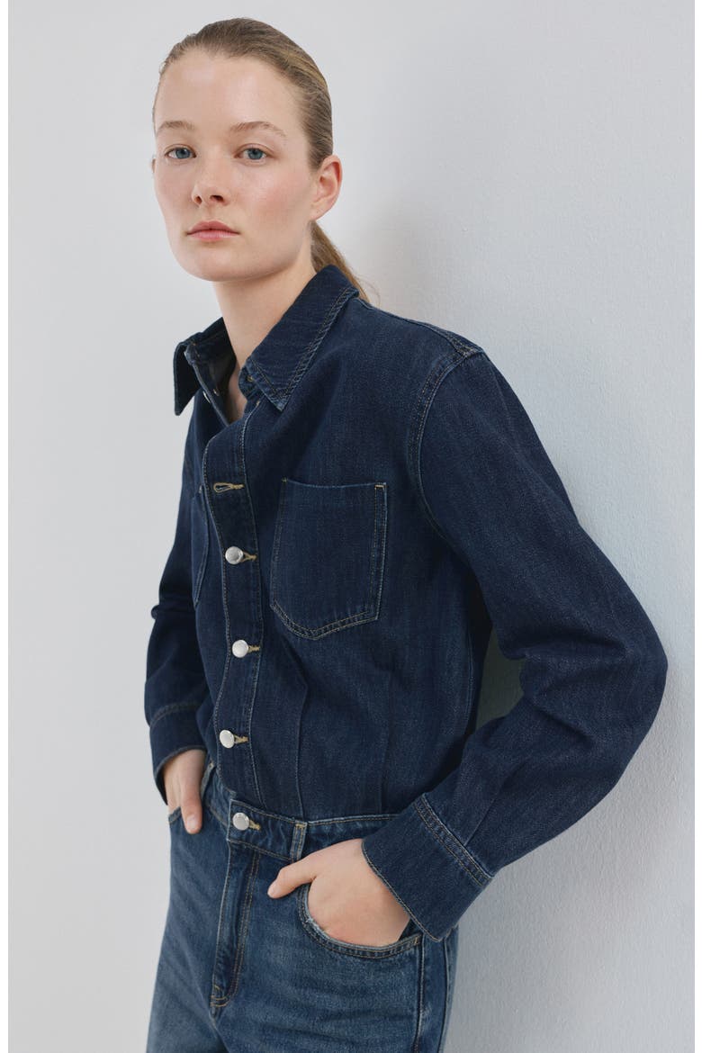Long Sleeve Wide Leg Denim Jumpsuit, Alternate, color, DARK BLUE