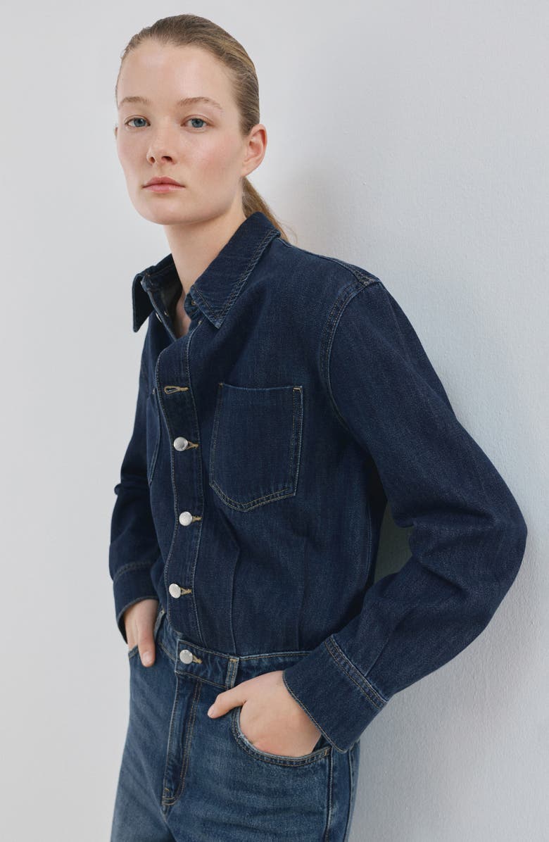 MANGO Long Sleeve Wide Leg Denim Jumpsuit, Alternate, color, Dark Blue