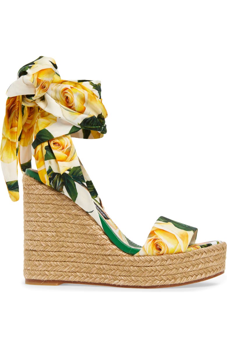 Dolce&Gabbana Floral Print Ankle Tie Wedge Sandal, Alternate, color, Yellow Multi