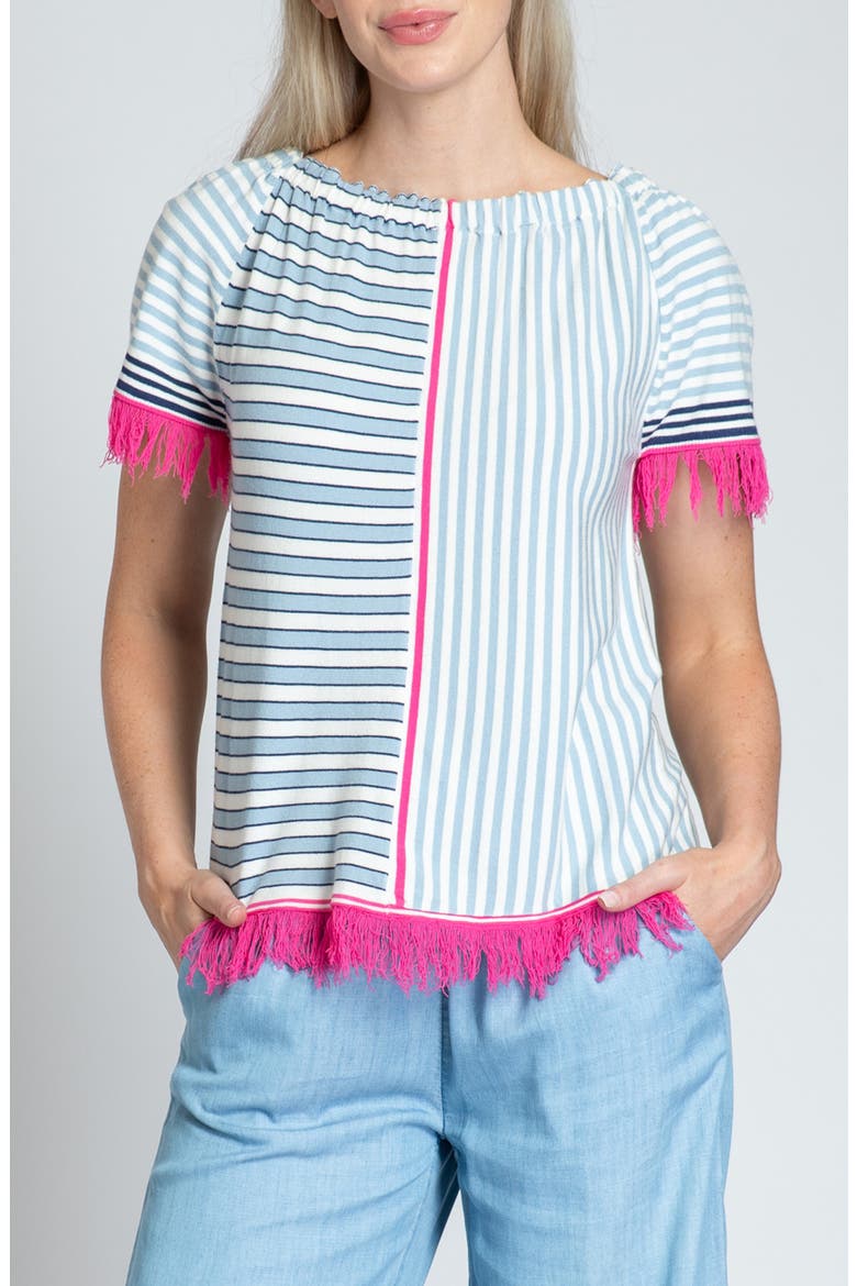 Fringe Multi Stripe Short Sleeve Knit Top, Main, color, PINK MULTI