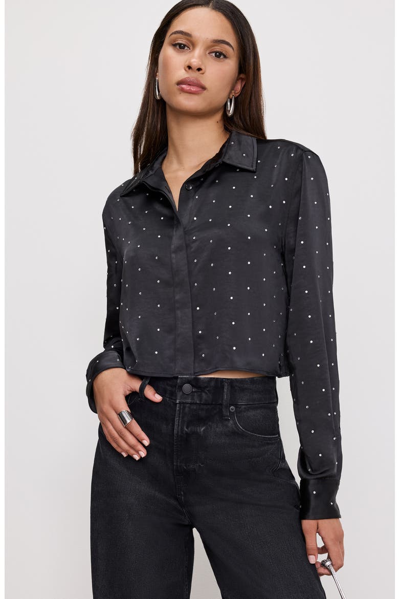 Crystal Embellished Satin Button-Up Crop Shirt, Alternate, color, BLACK001