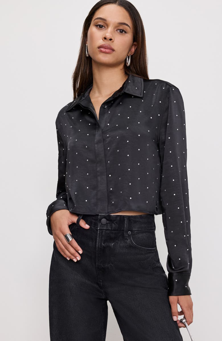 Good American Crystal Embellished Satin Button-Up Crop Shirt, Alternate, color, Black001