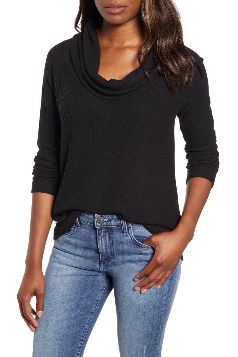 Cowl Neck Waffle Knit Top, Main, color, BLACK