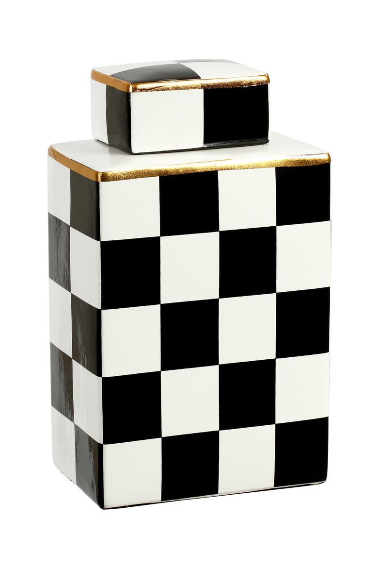 Checkered Box Jar with Lid 9", Main, color, Black