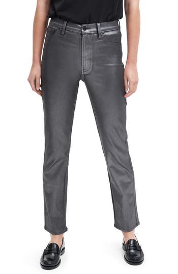7 For All Mankind Womens High Waist Metallic Straight Leg Jeans In Coated Pewter