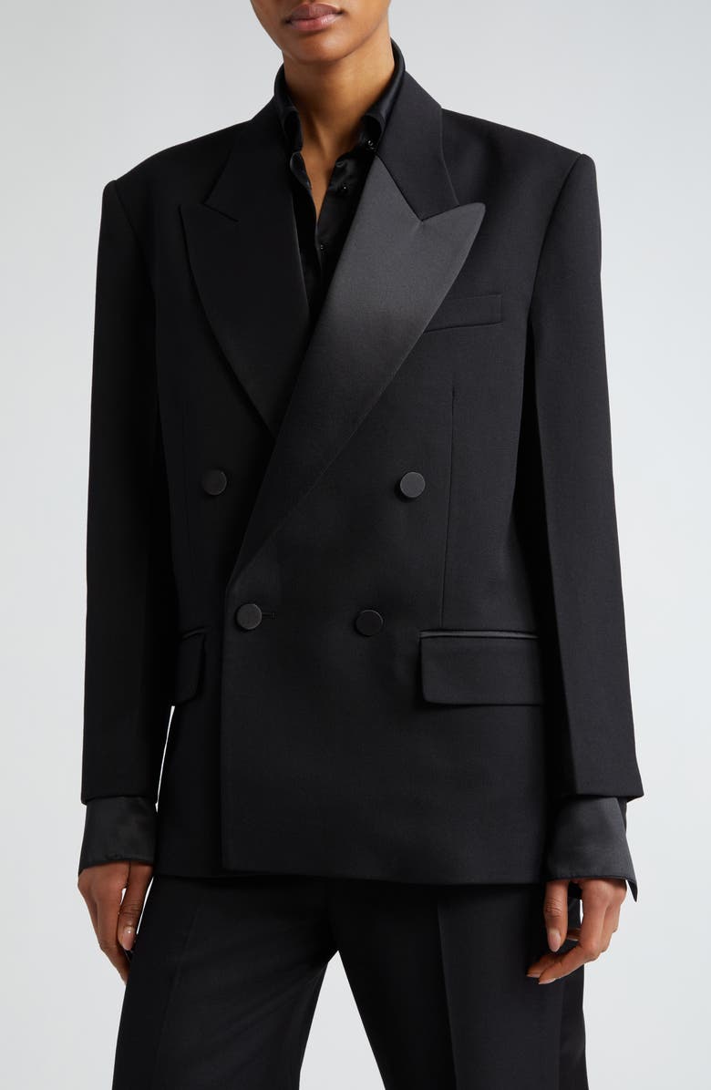 Victoria Beckham Satin Lapel Double Breasted Tuxedo Jacket, Alternate, color, 