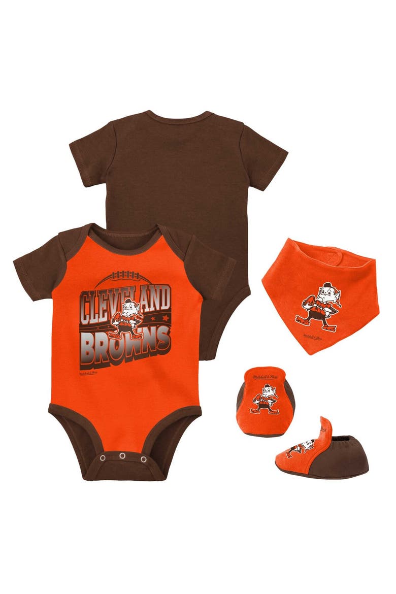 Newborn & Infant Mitchell & Ness Orange/Brown Cleveland Browns Throwback Big Score Bodysuit, Bib & Bootie Set, Main, color, Orange