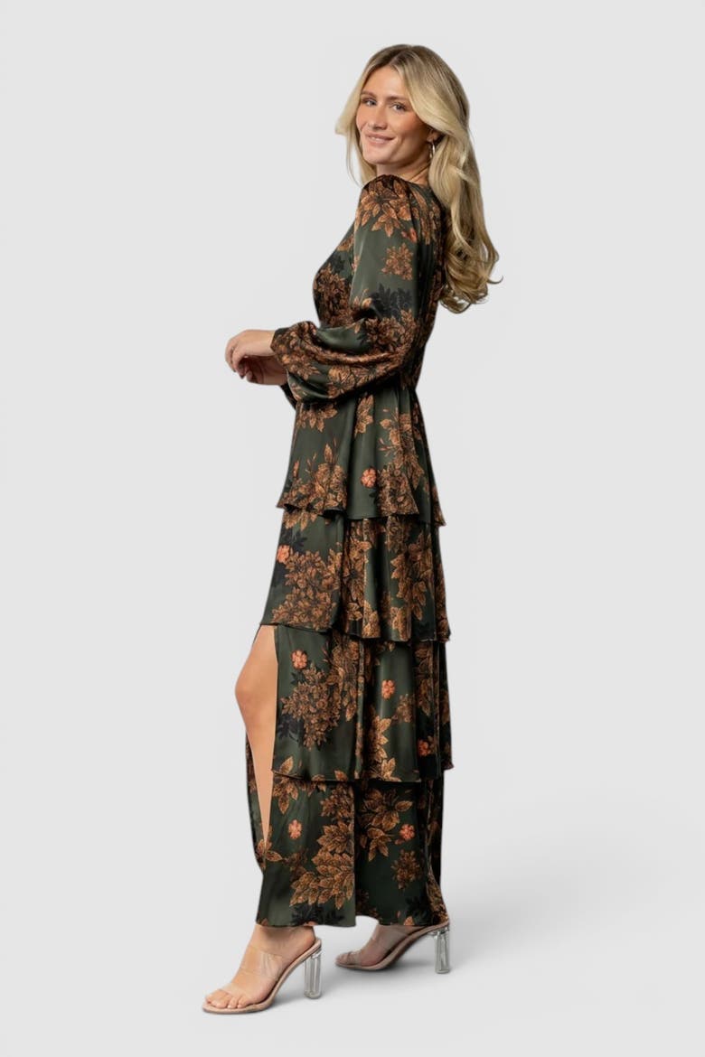 Montrouge Tiered Satin Dress, Alternate, color, Olive Floral
