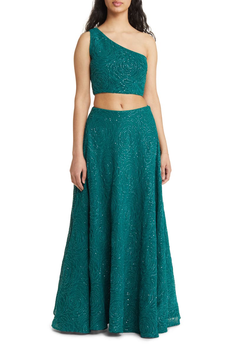 Raz Floral Embroidered One-Shoulder Lehenga with Dupatta, Main, color, EMERALD