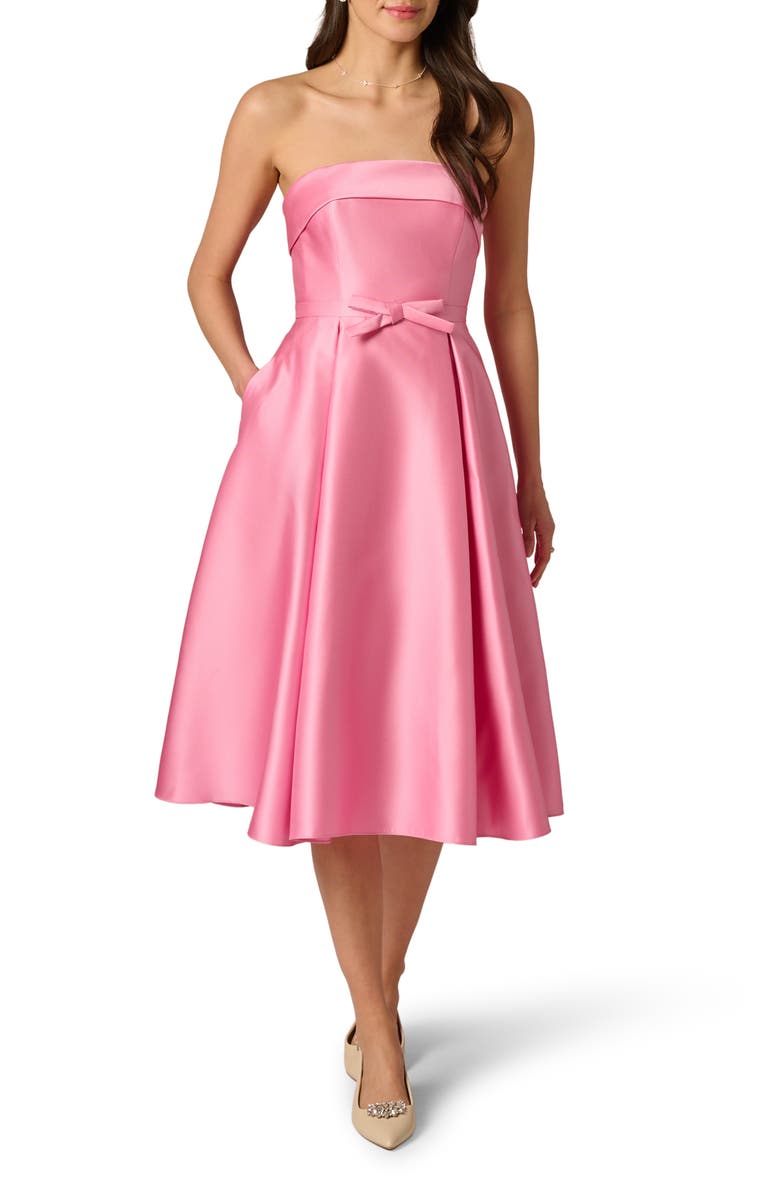 Adrianna Papell Bow Trim Strapless Mikado Cocktail Dress, Main, color, Cherry Blossom