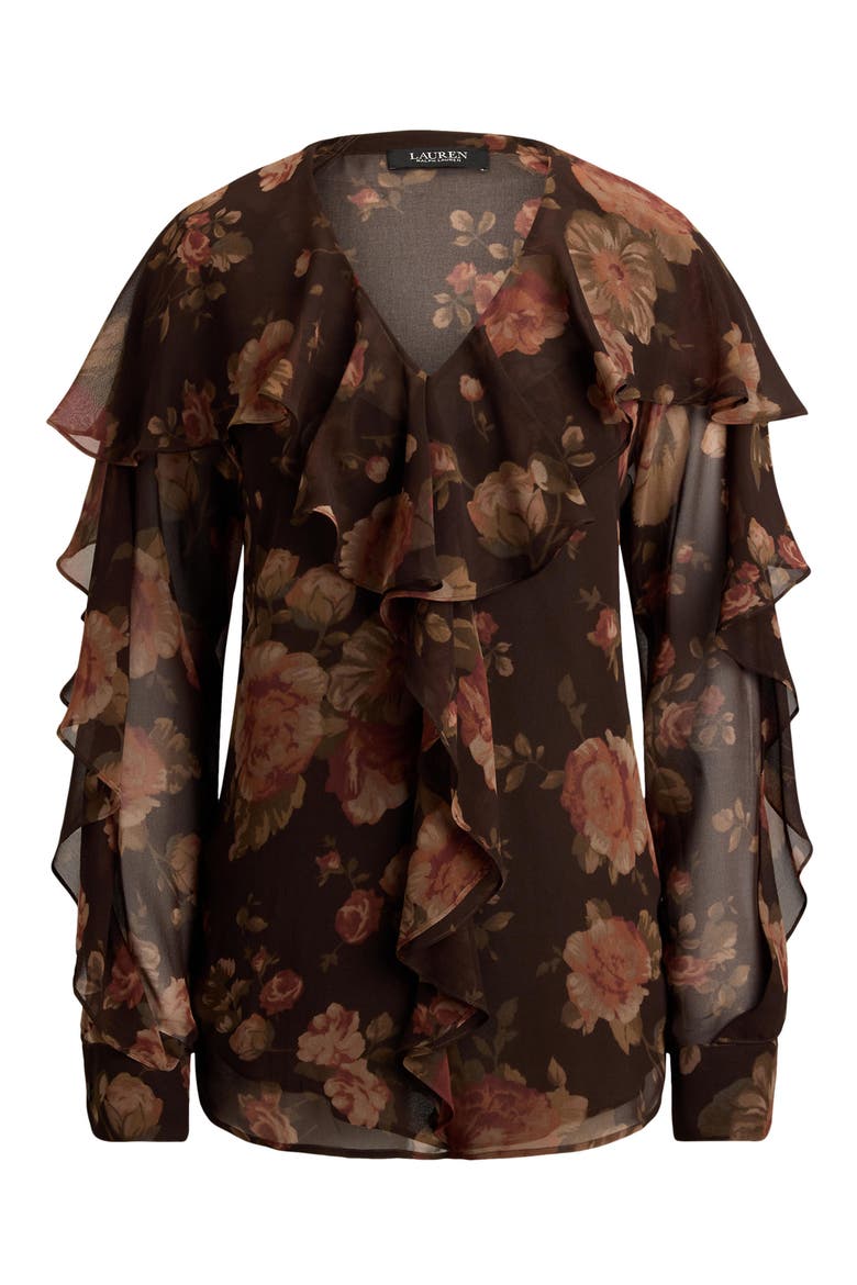 Floral Ruffle Trim Chiffon Top, Alternate, color, BROWN