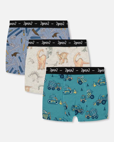 Deux Par Deux Organic Cotton Boxer Shorts - Dinosaur On Mottled And Tan Background Deux Par Deux Organic Cotton Boxer Shorts - Dinosaur On Mottled And Tan Background
