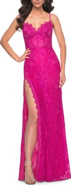 La Femme Scallop Detail Lace Fitted Prom Dress with Illusion Bodice