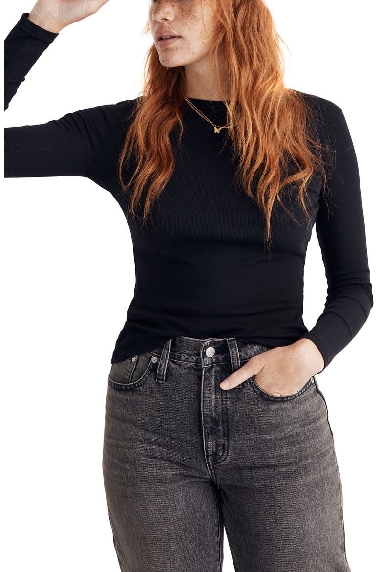 Fine Ribbed Crewneck Long Sleeve Tee, Main, color, TRUE BLACK