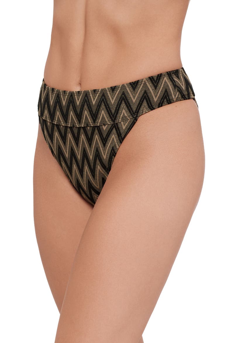 Metallic Banded High Leg High Waist Bikini Bottoms, Alternate, color, RAVEN BLACK