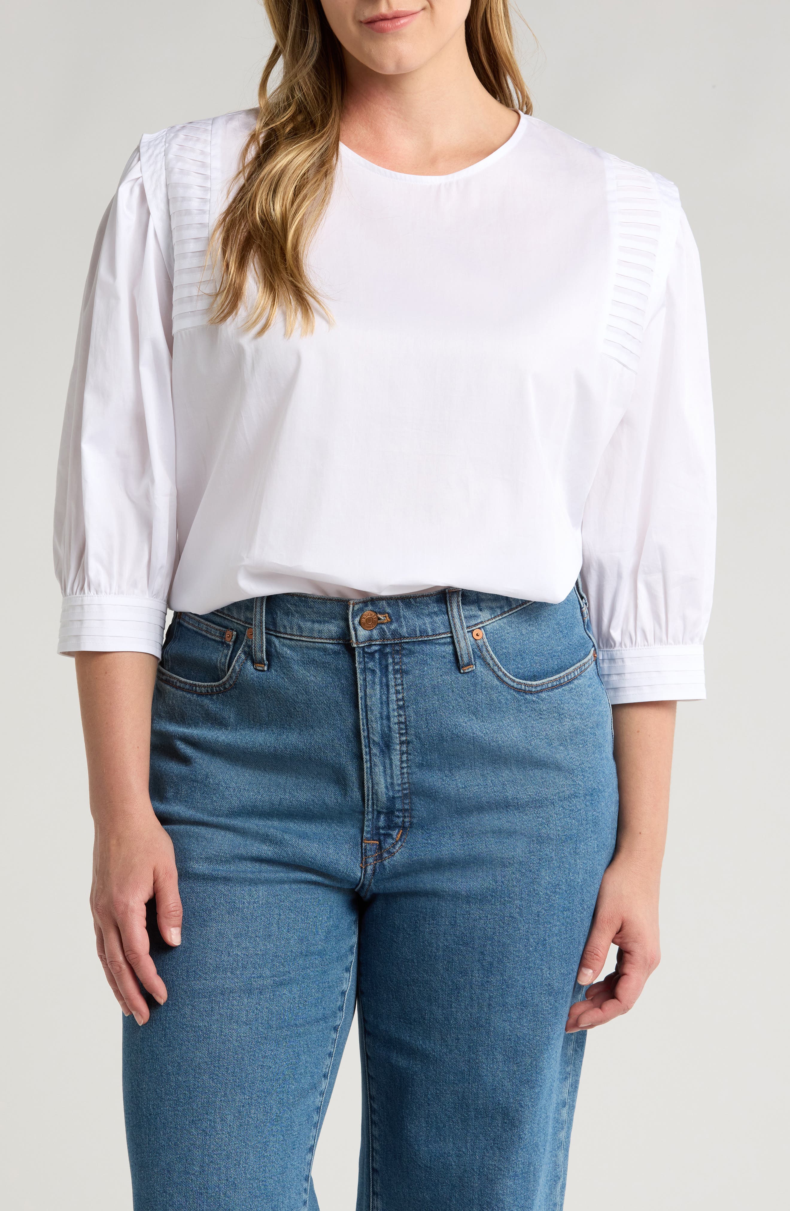 HARSHMAN Delaney Pleated Sleeve Cotton Top in White 