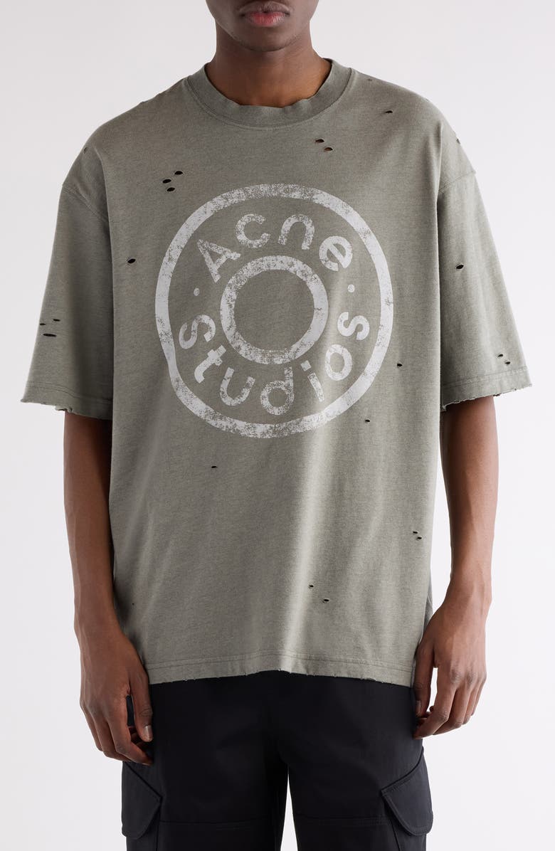 Acne Studios Oversize Ripped Logo Graphic T-Shirt, Main, color, Moss Green