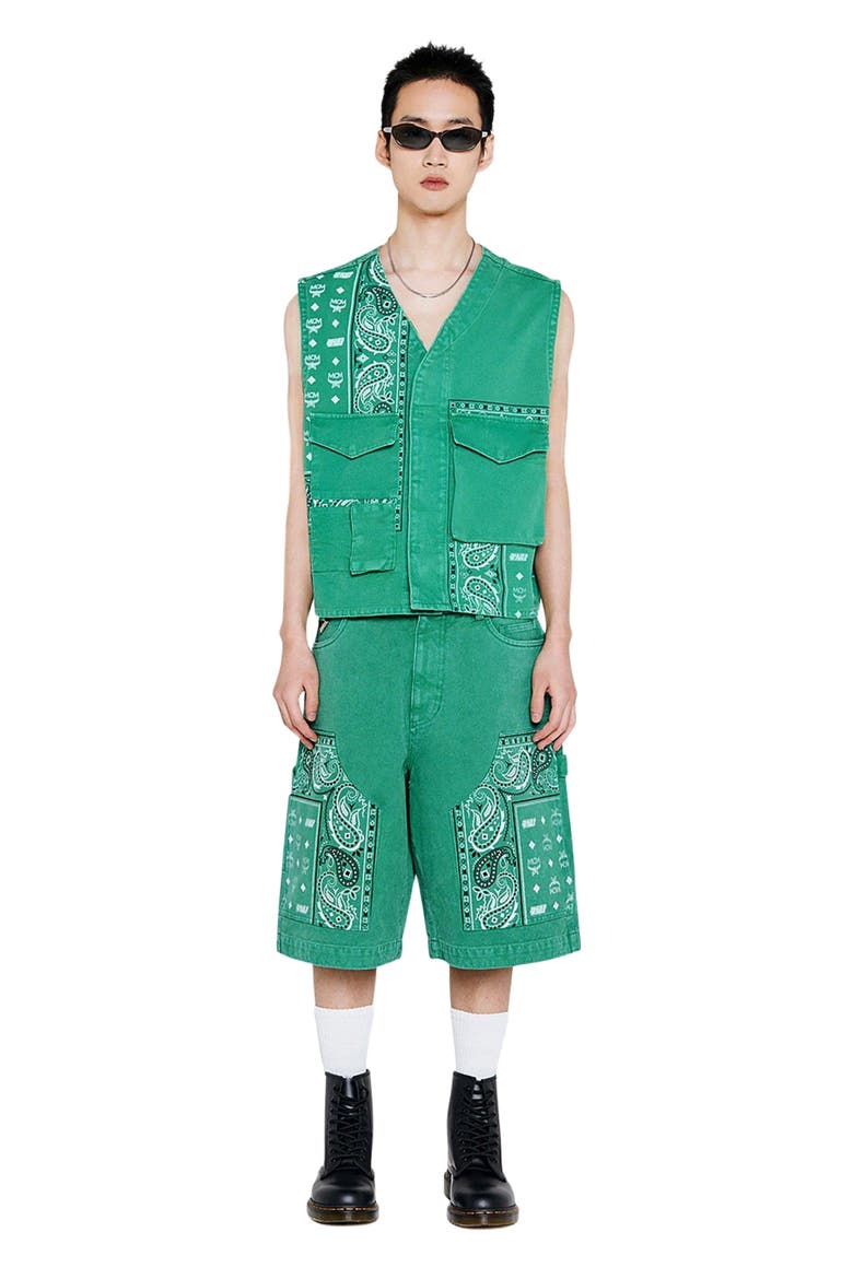 x KASINA Bandana Monogram Gilet in Oxford Cotton, Main, color, Green