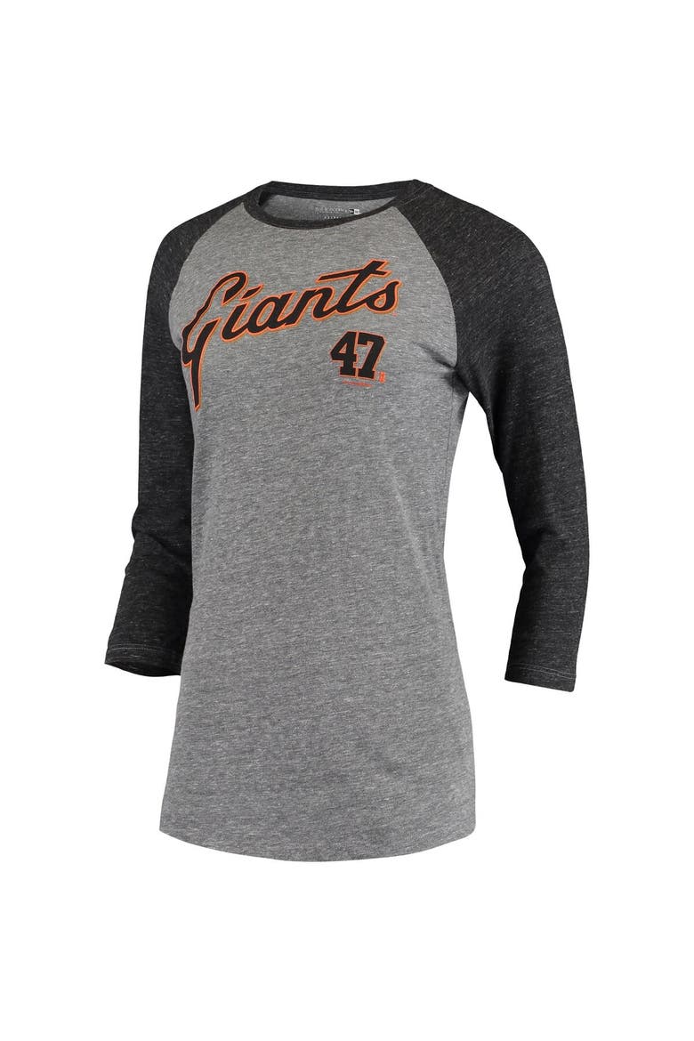 Women's 5th & Ocean by New Era Johnny Cueto Gray San Francisco Giants Script Name & Number Raglan Tri-Blend 3/4-Sleeve T-Shirt, Alternate, color, Gray