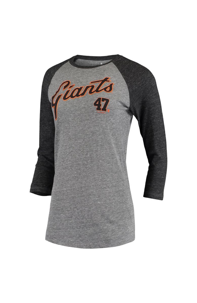 5TH AND OCEAN BY NEW ERA Women's 5th & Ocean by New Era Johnny Cueto Gray San Francisco Giants Script Name & Number Raglan Tri-Blend 3/4-Sleeve T-Shirt, Alternate, color, Gray