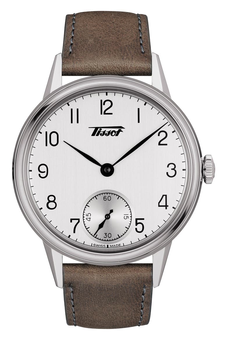 Men's Heritage Leather Strap Watch, 42mm, Main, color, BROWN/ SILVER