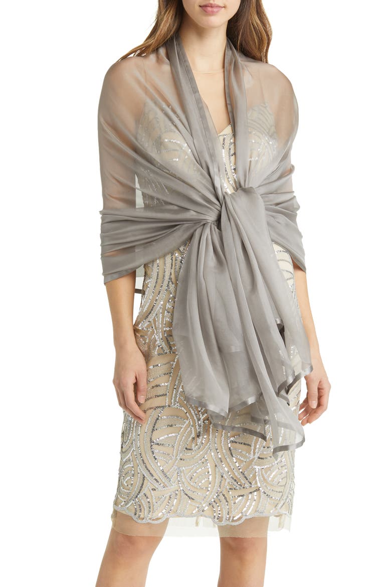Satin Border Silk Chiffon Scarf, Alternate, color, GREY SCONCE