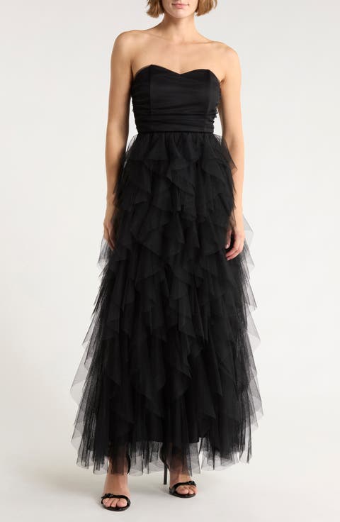 Straples Tiered Tulle Gown