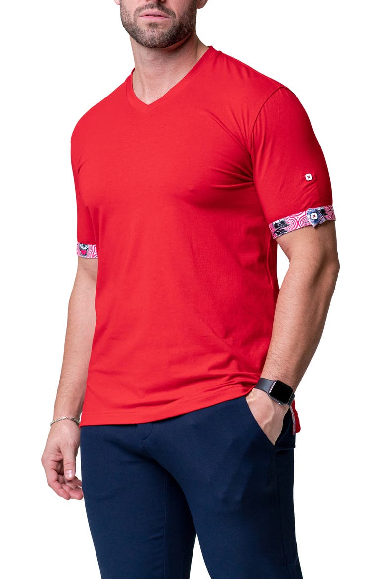 Vivaldi Solid Ripple Red V-Neck Cotton T-Shirt, Alternate, color, RED