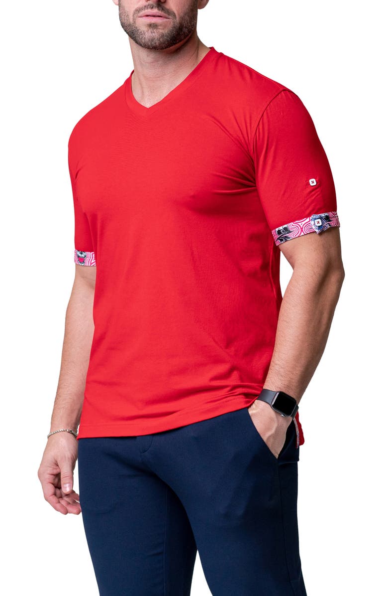Maceoo Vivaldi Solid Ripple Red V-Neck Cotton T-Shirt, Alternate, color, Red