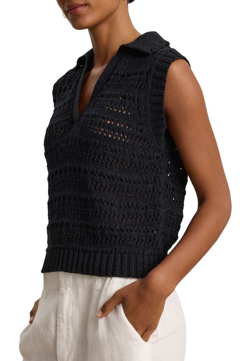 Renee Crochet Cotton Sweater Polo, Alternate, color, BLACK