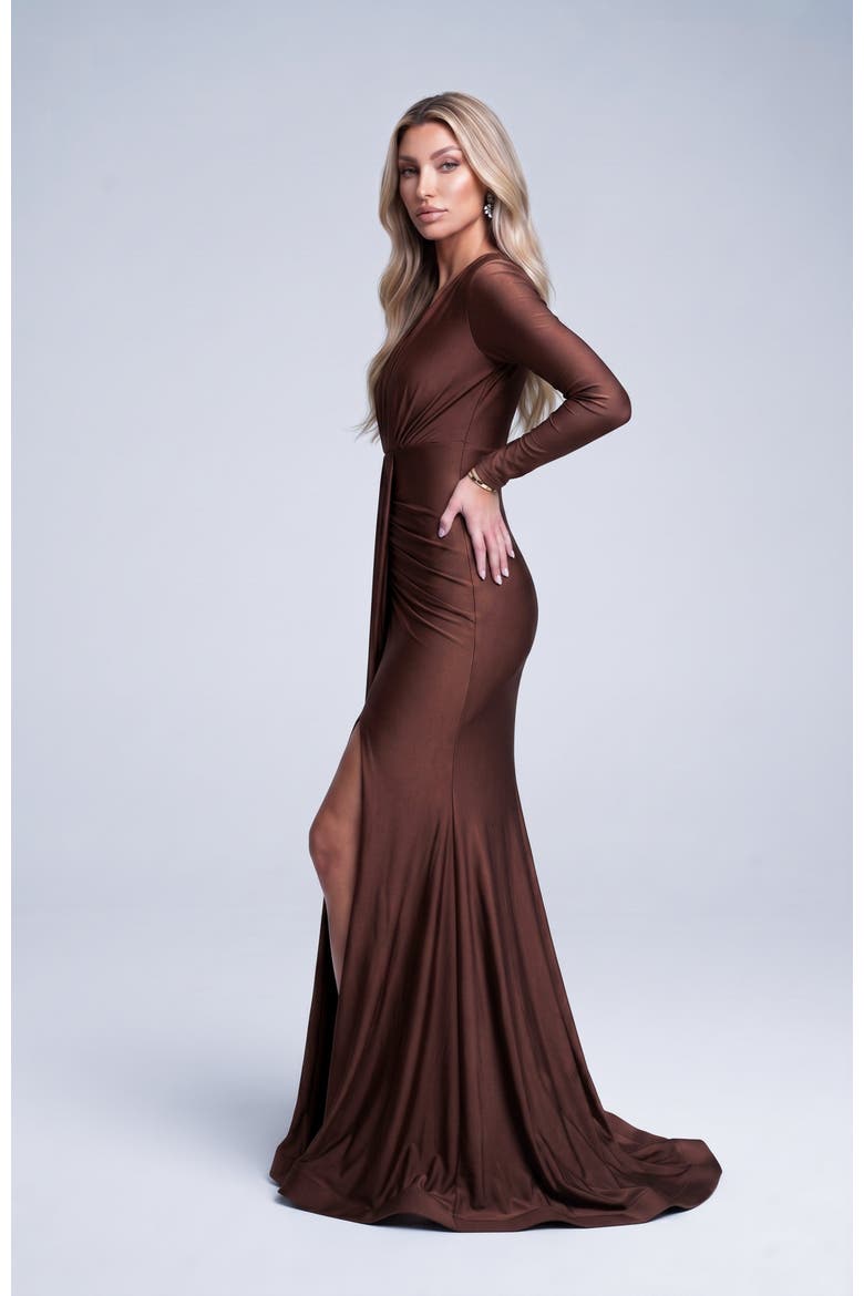 Ruched Long Sleeve Slit Mermaid Gown, Alternate, color, Brown