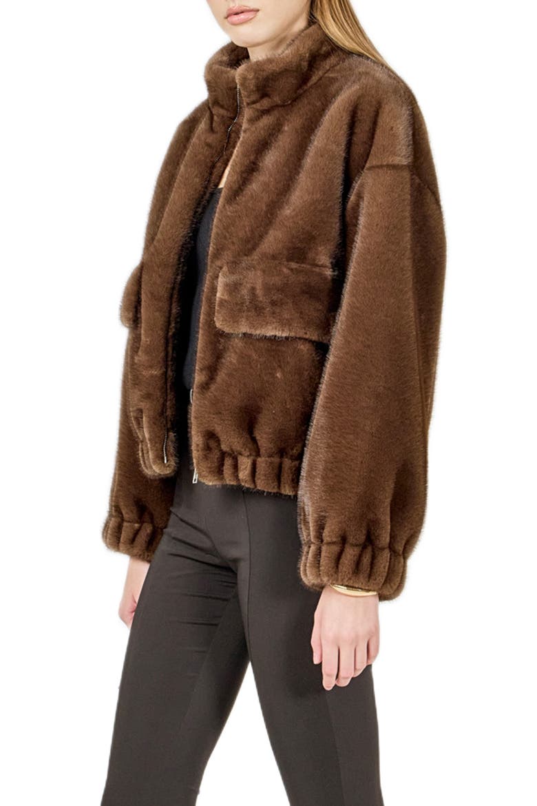 Faux Fur Bomber Jacket, Alternate, color, BROWN