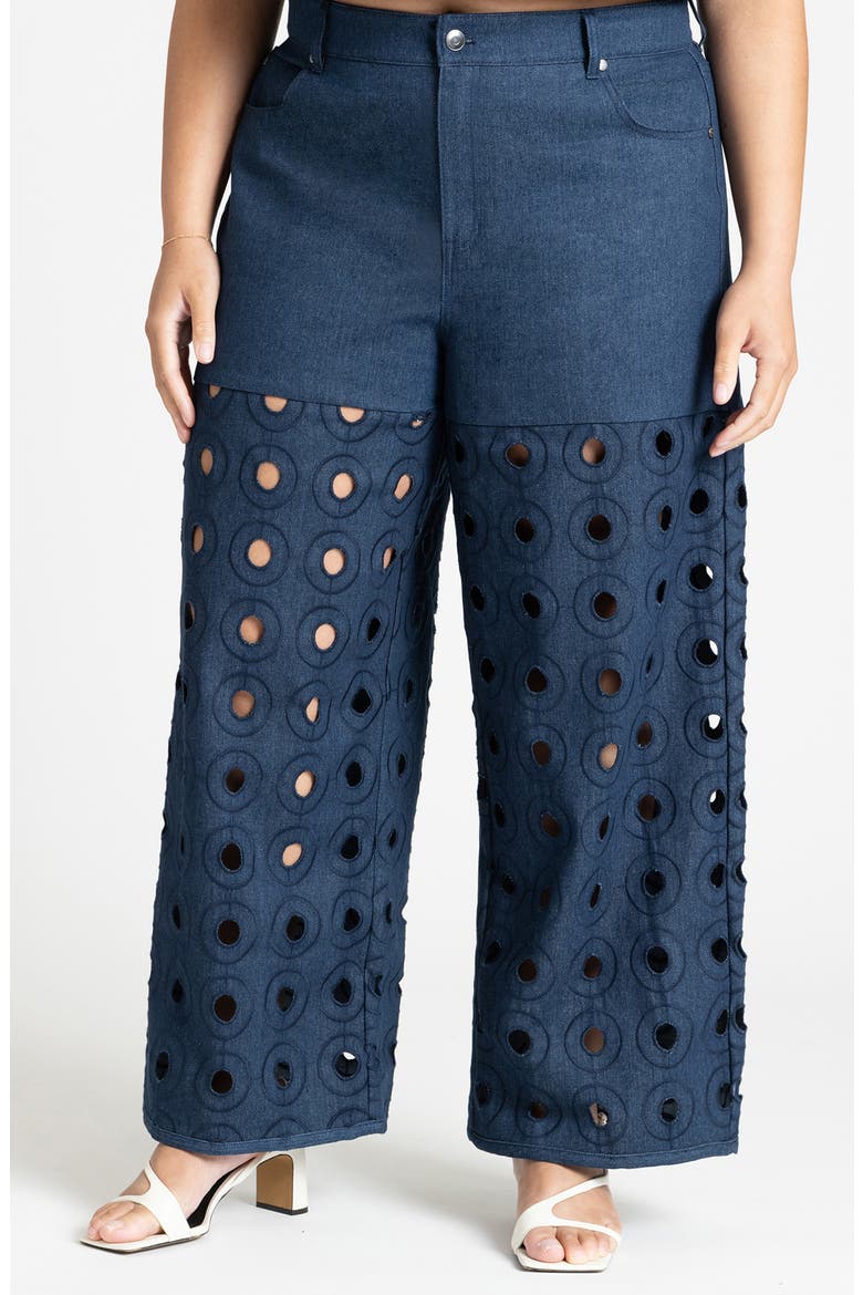 Circular Eyelet Wide Leg Jeans, Main, color, DARK WASH