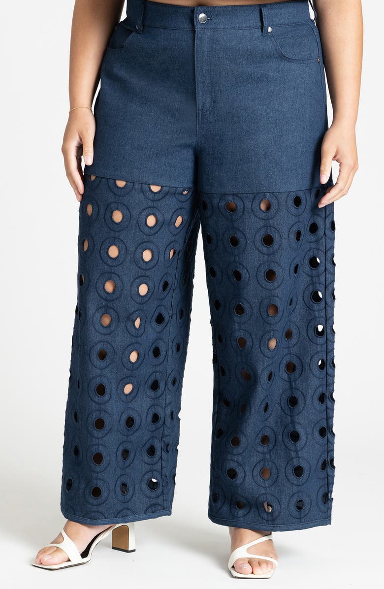 ELOQUII Circular Eyelet Wide Leg Jeans, Main, color, 