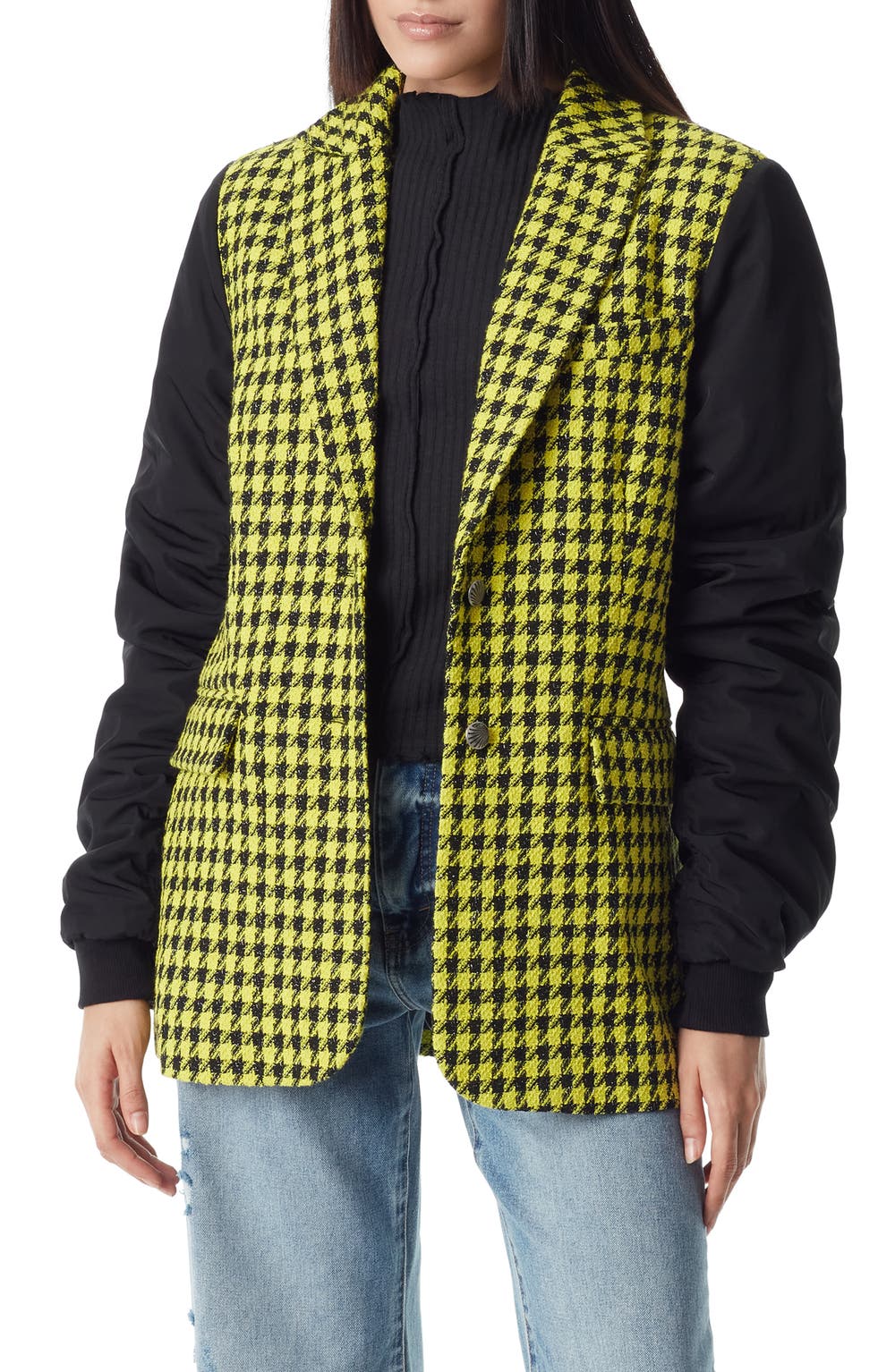 Colorblock Bomber Sleeve Blazer, color, SULPHUR SPRINGS-HOUNDSTOOTH