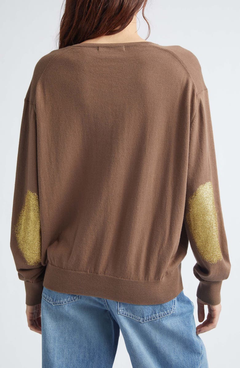 JULIE KEGELS Glitter Elbow Patch Cotton & Cashmere Sweater, Alternate, color, Brown
