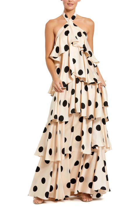 Polka Dot Charmeuse Halter Tiered Ruffle Gown